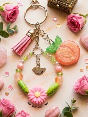 Peach & Pink Floral Tassel Keychain